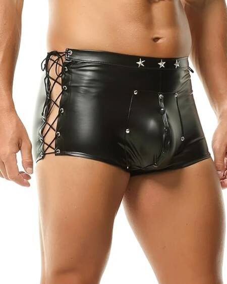 Laced Leather-Look Shorts with Snap Front – Men’s Fetishwear